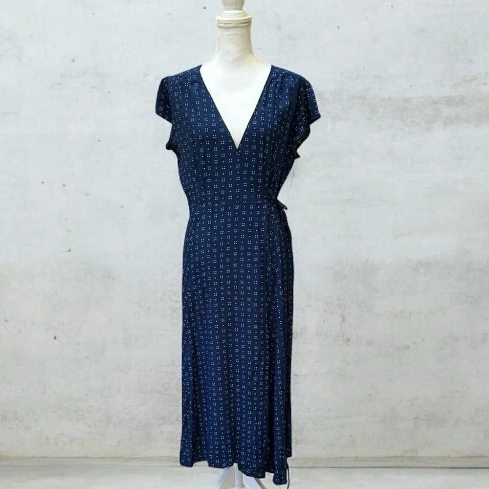 Gap Women’s Navy Blue Dot Print Short Sleeve Full Maxi Wrap Dress Tie Waist Med - Picture 3 of 16